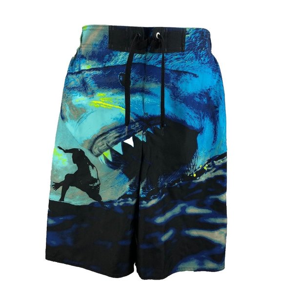 Joe Boxer Boys Sz 7 Black & Blue Neon Shark Swim Trunks Beach Board Shorts - Picture 1 of 12